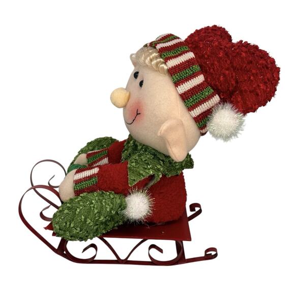 Christmas Elf Decoration On Red Metal Sled 10” Plush Holding Present - Picture 3 of 10